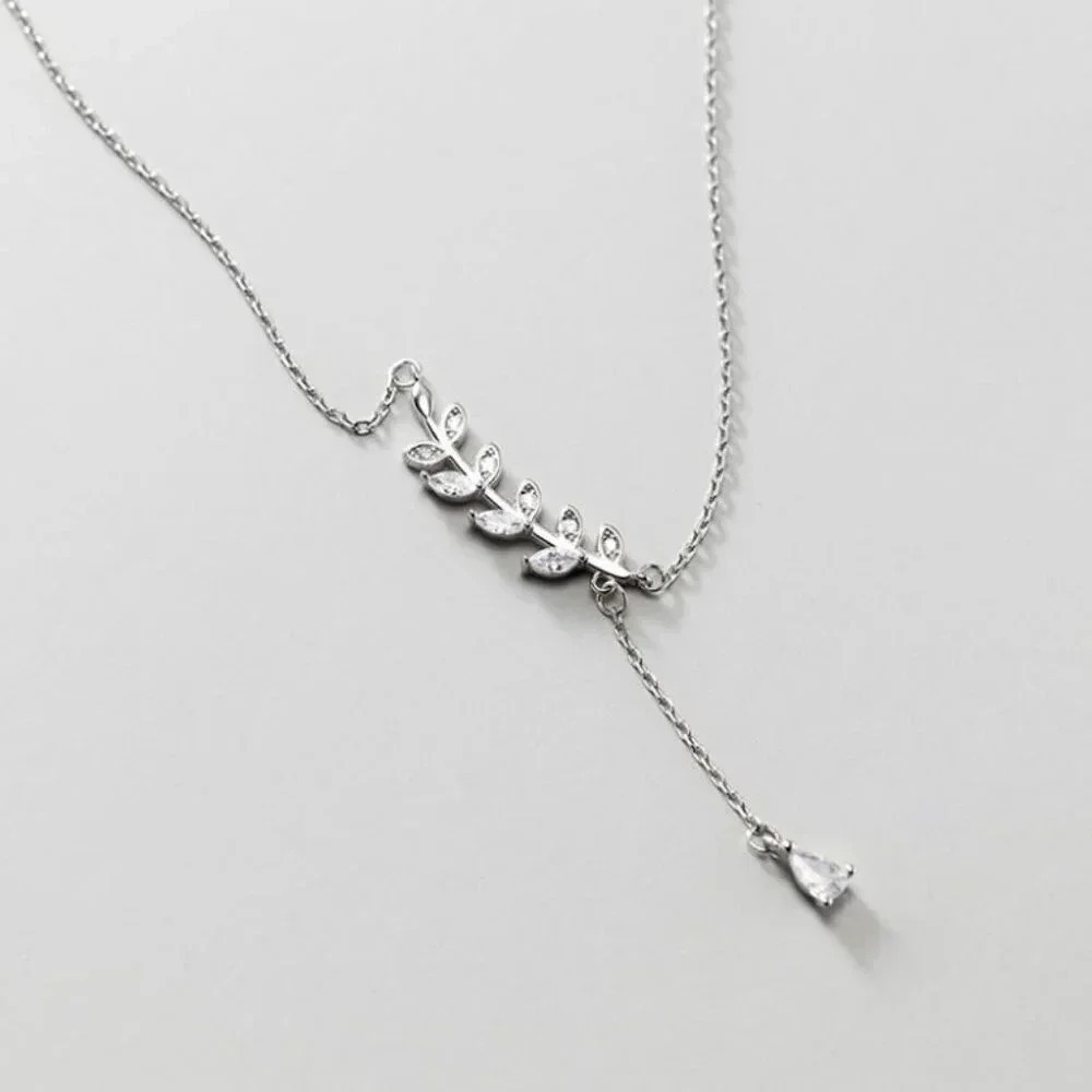 925 Sterling Silver Leaf Dangle Diamond CZ Necklace Dainty Minimalist Necklace